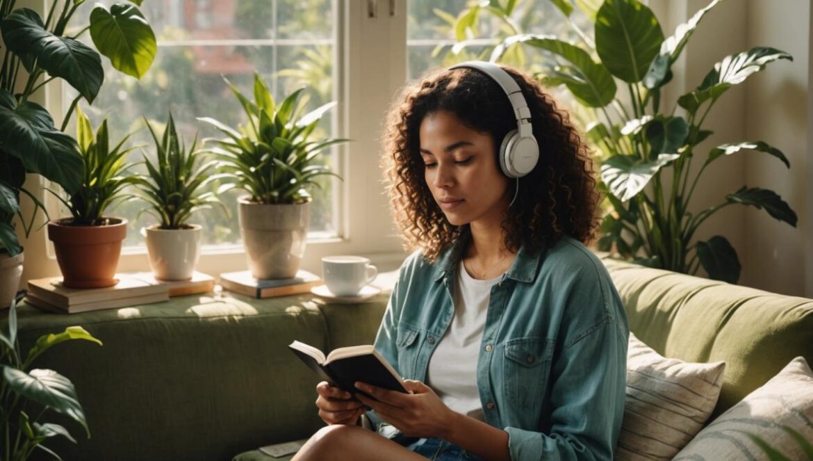 Leer cuando la mente no se calma: cómo crear un ritual lector que de verdad funcione A young Latina woman sitting comfortably on a modern couch surrounded by lush green houseplants and personal development books, reading an open novel with wireless headphones on. The scene is bathed in warm afternoon light through a window. A small table holds a steaming mug of tea and a smartphone displaying a tranquil music playlist. Editorial, photorealistic style, main subject well-centered and sharply focused for an inspiring yet relaxed mood.