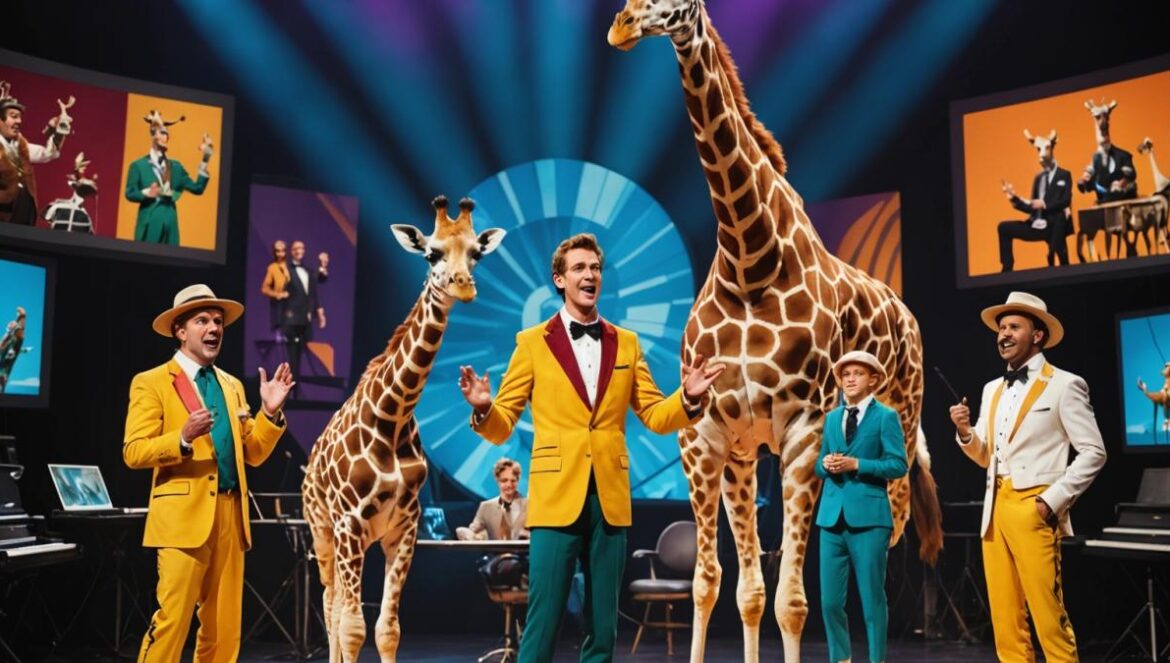 ¿Por qué seguimos enganchados a ‘Mask Singer’ después de 7 temporadas? A dynamic television studio set for a singing competition, with four colorful costumed performers (a Giraffe, Kitten, Swan, and Cow) standing at the center under dramatic stage lighting. A lively host interacts with an enthusiastic jury panel, including a guest in a pilot costume. The atmosphere is electric and celebratory, capturing suspense and glamour in sharp editorial style. All main subjects are clearly centered and in focus; background features vibrant digital screens with show logos.