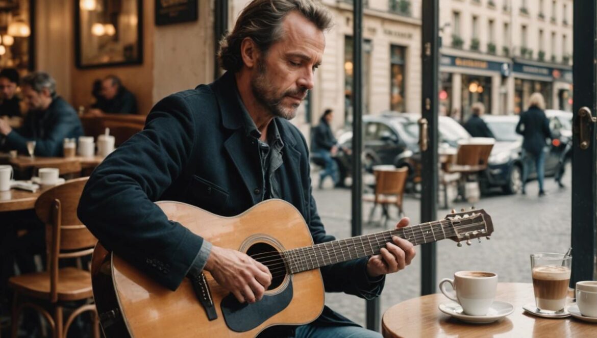 Thomas Dutronc y la lección de amor que no verás en Instagram A French musician in his early 50s, sitting at a cozy café table in Paris with an acoustic guitar beside him, looking contemplative and content. Editorial photorealistic style, soft natural daylight filtering through large windows, the background shows blurred city life but the subject is well-centered and sharply focused. Subtle details: a closed notebook, a coffee cup, a hint of another person’s presence out of focus nearby.