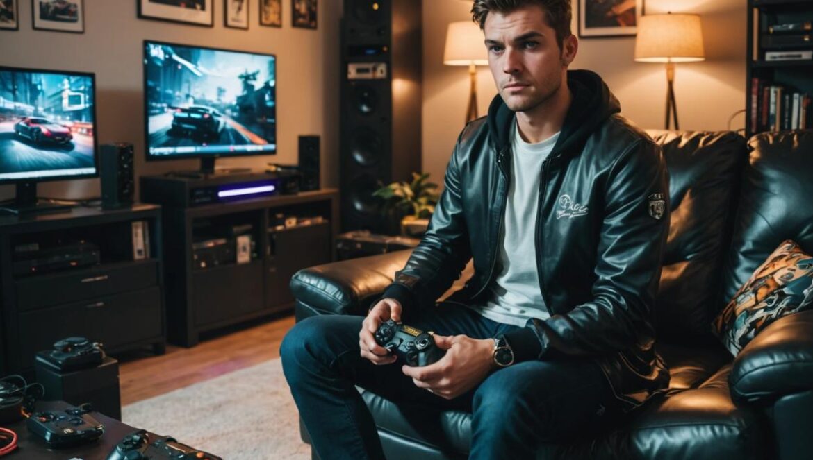 Money Fronts en GTA Online: ¿la revolución criminal definitiva o más de lo mismo? A well-dressed gamer in their late twenties sits surrounded by classic and modern gaming consoles in a stylish apartment. The gamer is focused on a large screen displaying GTA Online, with vivid images of new in-game businesses like a car wash and dispensary. Photorealistic editorial style, bright ambient lighting, sleek tech props scattered around, main subject well-centered and in sharp focus for an authentic gaming vibe.