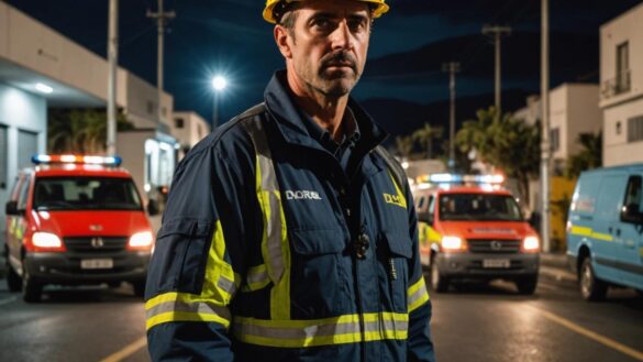 La Palma y su cuarto apagón masivo: ¿por qué seguimos a oscuras en 2025? A dramatic evening scene on La Palma island, Spain, with the city in darkness after a power outage. Editorial photorealistic style, focused on a well-lit technician in reflective gear inspecting an electrical substation surrounded by emergency vehicles and concerned residents. The main subject (the technician) is sharply centered and in focus, showing tension and urgency. The background features the outline of volcanic hills and dimly lit buildings under a cloudy sky, conveying an atmosphere of disruption yet resilience.
