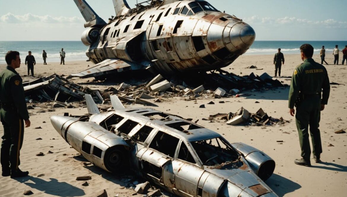 Starship en México: restos de SpaceX desatan choque legal y ambiental en Tamaulipas A dramatic scene on a Mexican beach at dawn: twisted metal debris from a rocket (Starship), local officials in uniform inspecting the wreckage, curious locals watching from a distance, photorealistic editorial style, clear focus on the metallic debris at the center, subtle signs of environmental impact like disturbed sand and vegetation, well-lit with natural sunlight.