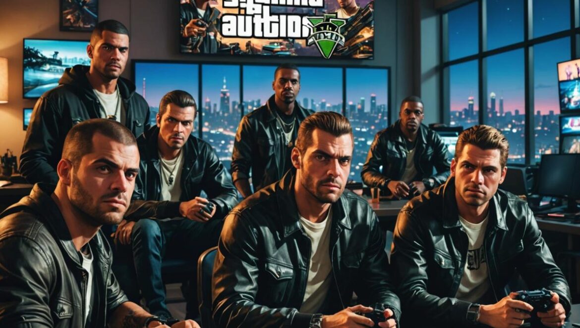 GTA Online: Todo sobre el Money Fronts y las sorpresas ocultas (¡te cuento lo que nadie menciona!) A group of diverse, stylish gamers gathered around a large screen displaying GTA Online's Money Fronts update, photorealistic editorial style, bright neon lighting reflecting Los Santos cityscape at night, gaming controllers and classic Rockstar memorabilia on a modern table, excited expressions and intense focus, main group centered and in sharp focus, clean urban loft background.
