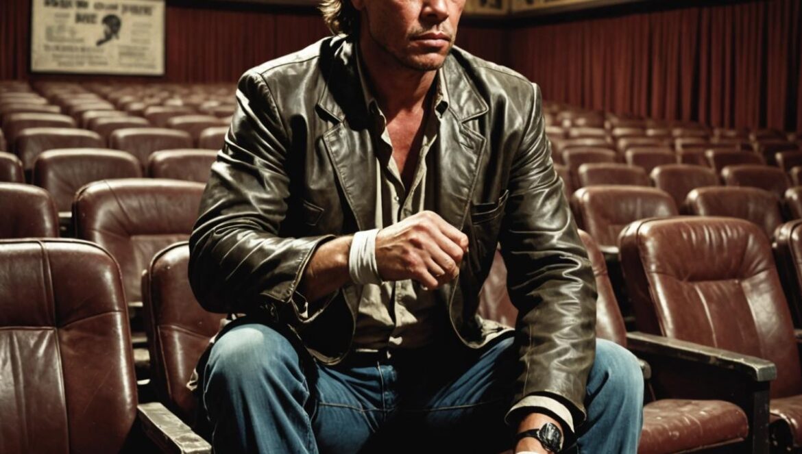 Mickey Rourke: el galán maldito que Hollywood no supo salvar Mickey Rourke, seated alone in a dimly lit, vintage movie theater, photorealistic editorial style. He gazes pensively at the empty rows ahead, his hands clasping an old boxing glove and a crumpled movie script. The atmosphere is nostalgic and melancholic, with classic film posters and boxing memorabilia surrounding him. Center-focused composition with sharp detail on Rourke's weathered face, subtle shadows highlighting both resilience and vulnerability.