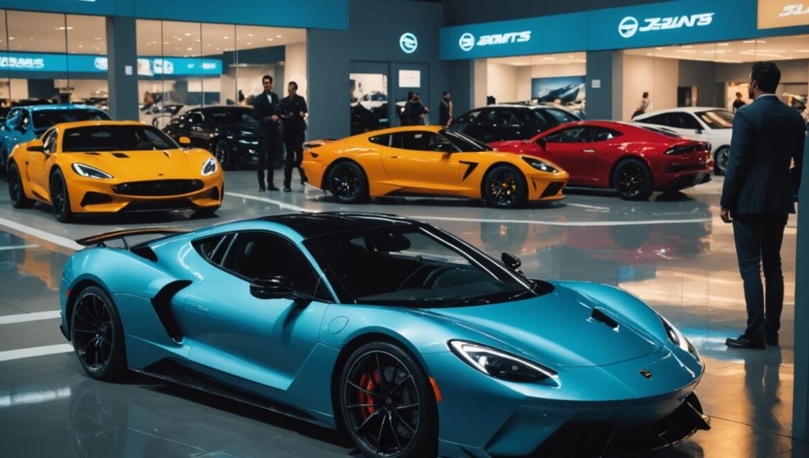GTA Online se reinventa con el evento Money Fronts A photorealistic editorial image of a high-end virtual car dealership in Los Santos, center-focused composition showing the new Overflod Suzume and Declasse Tampa GT under vibrant showroom lights. Gamers gather excitedly, some checking their phones for deals, others taking selfies with the cars. The atmosphere is dynamic and energetic, with digital display boards listing exclusive bonuses. All main subjects are sharply in focus, the background clean and modern.