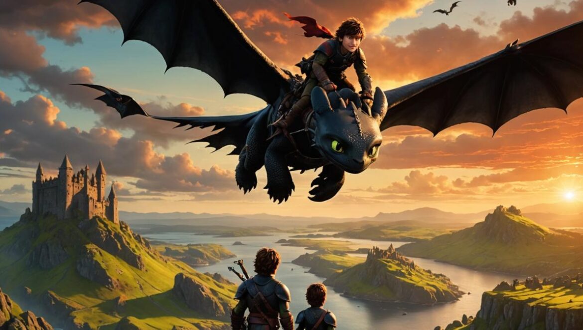 Remake de Cómo entrenar a tu dragón: brillo y vacío A realistic editorial-style image showing the main characters from 'How to Train Your Dragon' (Hiccup and Toothless), portrayed by real actors and CGI dragon, flying above dramatic Northern Ireland landscapes at sunset, cinematic lighting with vibrant skies, center-focused composition with dynamic motion, sharp details on both the young viking and the dragon, evoking awe and adventure.