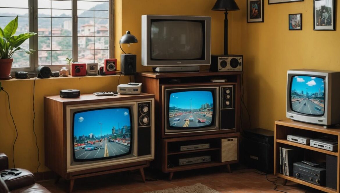 El regreso de la TV de tubo: por qué sigue siendo un tesoro para gamers y nostálgicos tech A retro living room in Medellín, Colombia, photorealistic editorial style, a well-centered old CRT tube TV surrounded by classic video game consoles like SNES and PlayStation 1, vibrant atmosphere with nostalgic decor and visible VHS tapes, natural daylight from a window, main subject (the CRT TV) in sharp focus at the center with cables and controllers neatly arranged around it.