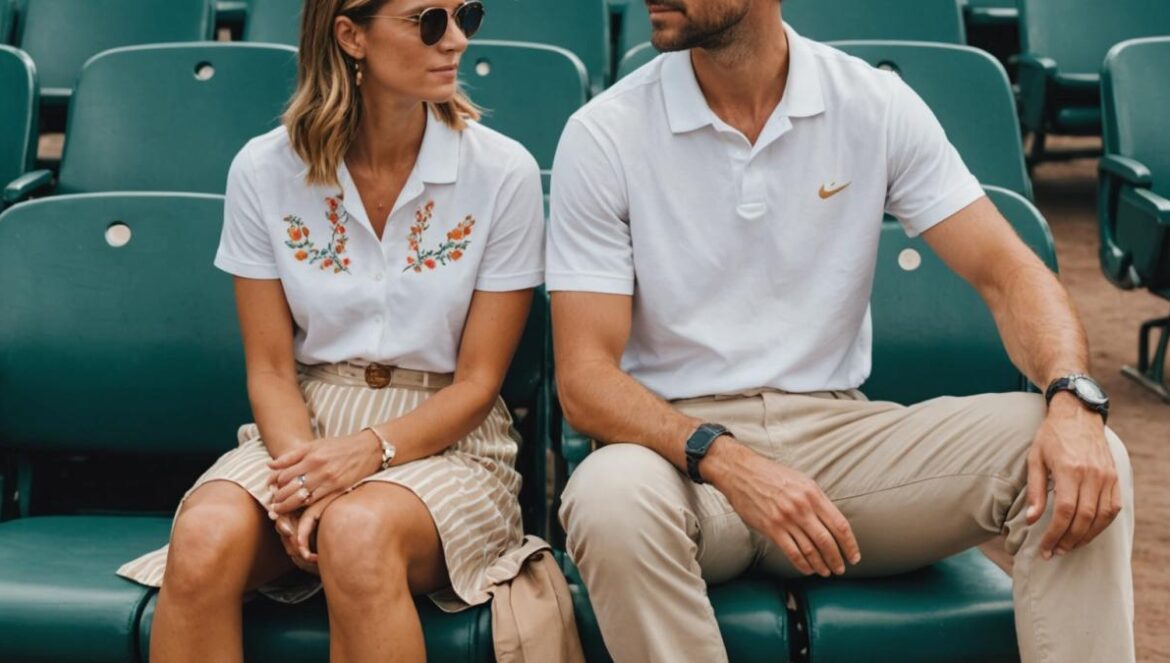 ¿Por qué la pareja de Marine Lorphelin inspira una nueva forma de amar en equilibrio? A stylish couple in their early thirties sitting together at a tennis stadium during a major tournament, both dressed in chic yet casual summer outfits. The woman wears a white T-shirt with an embroidered detail and a beige high-waisted midi skirt with cream heels, while the man sports an open-collared white shirt, light blue striped pants, and camel loafers. They are smiling at each other, radiating joy and connection. In the background, the tennis court is visible with bright lights and spectators. Photorealistic editorial style, natural daylight, vibrant yet intimate atmosphere. Main subjects are well-centered and in sharp focus.