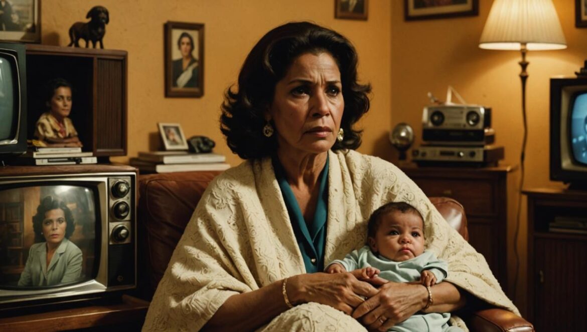 ‘Señora do Destino’: la novela que transformó el drama en catarsis colectiva A dramatic living room scene with a middle-aged Latin American woman, teary-eyed, holding a baby blanket and surrounded by vintage TV sets displaying iconic novela characters, photorealistic editorial style, warm lighting, subtle nostalgic details like old family photos and Brazilian décor. Main subject centered and in sharp focus, evoking deep emotion.