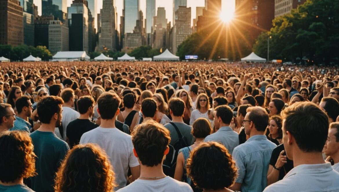 Nueva York en julio: los conciertos que no te puedes perder (y por qué) A diverse crowd of music fans in New York City at an outdoor summer concert, photorealistic editorial style, golden hour lighting, a stage with vibrant lights and famous artists performing, the Manhattan skyline in the background, audience in stylish summer outfits, main subjects centered and sharply focused, professional festival ambiance.