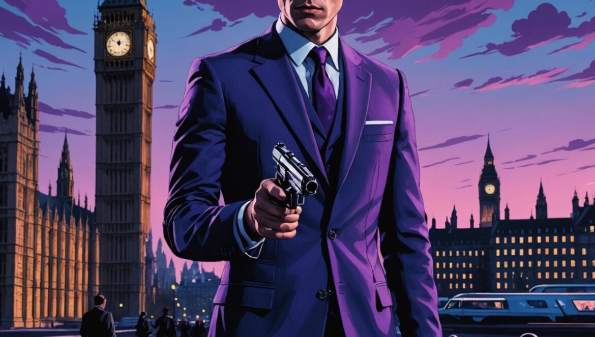 ¿Y si el próximo James Bond ya estuviera en tu consola? A photorealistic editorial image of a young, stylish man with a scar on his face, dressed in a modern James Bond-style suit, confidently holding a silenced pistol. He stands at the center, surrounded by neon-lit London landmarks at dusk. The mood is cinematic and suspenseful, with moody blue and purple lighting. The main subject is well-centered and sharply focused, capturing both mystery and charisma. Subtle hints of gaming elements (like a PlayStation controller on a nearby table) complete the scene.