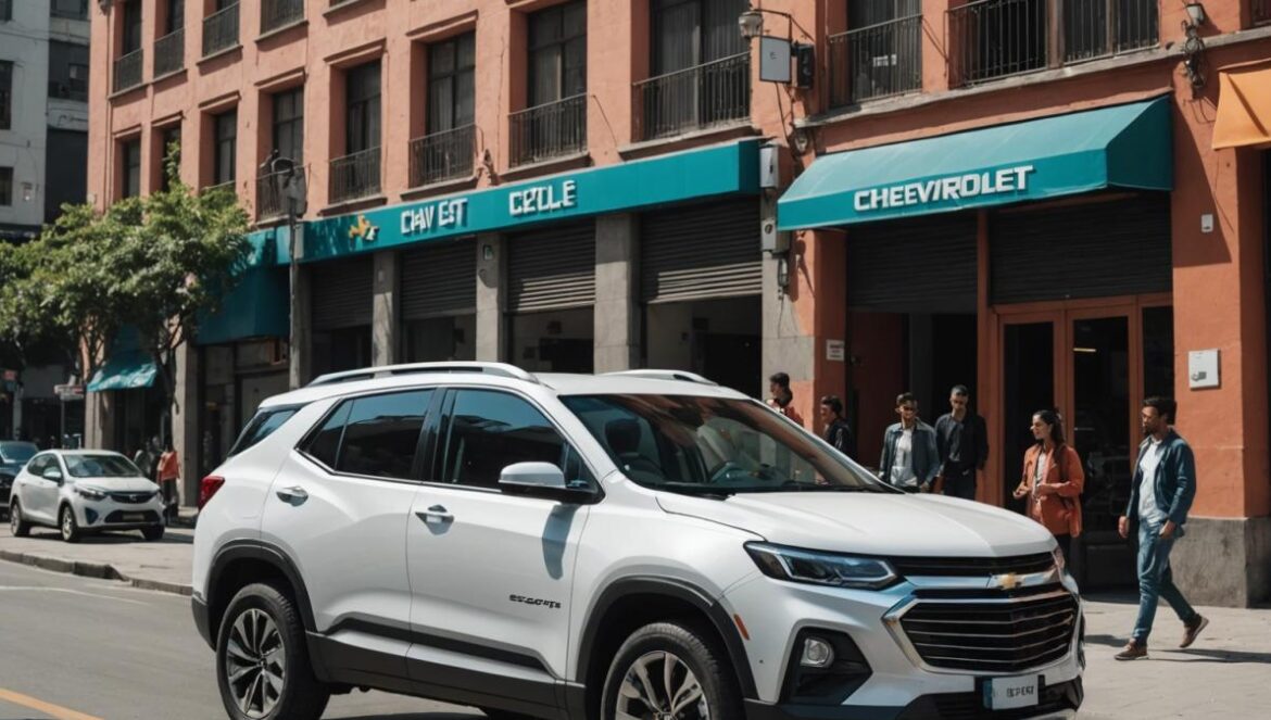 Chevrolet revive al Aveo como Groove 2026: el SUV techie y accesible que busca conquistar a México A brand-new Chevrolet Groove 2026 SUV, parked on a modern urban street in Mexico City, photorealistic editorial style, vibrant daylight, showcasing its dynamic lines and sporty two-tone roof, with stylish people admiring it. The car is perfectly centered and in sharp focus, emphasizing the sleek design and advanced features.
