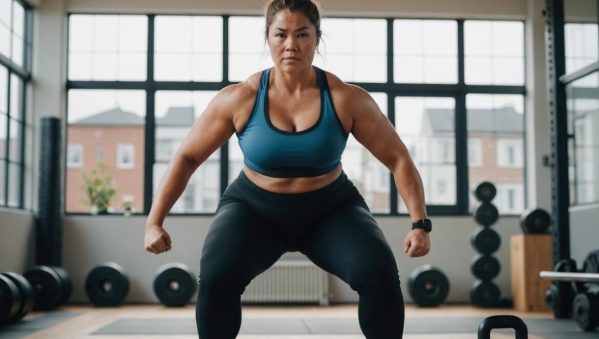 Ejercicios para la parte interna del muslo: Lo que nadie te cuenta (y deberías saber) A motivated woman in her 30s performing a sumo squat with proper form in a bright, modern gym, photorealistic editorial style, natural daylight streaming through large windows, exercise mats and free weights visible in the background, main subject well-centered and sharply in focus, confident and determined expression.
