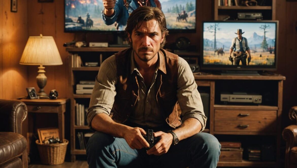 Red Dead Redemption 2 aún guarda secretos: el baúl de armas que casi nadie conocía A seasoned gamer sitting in a cozy, retro-inspired living room filled with both modern and vintage gaming consoles, focused on a TV displaying Red Dead Redemption 2 gameplay. On the screen, the in-game camp with the weapon chest is clearly visible. The main subject is centered and in sharp focus, surrounded by game memorabilia, soft natural lighting creating a warm atmosphere, editorial style for an authentic look.