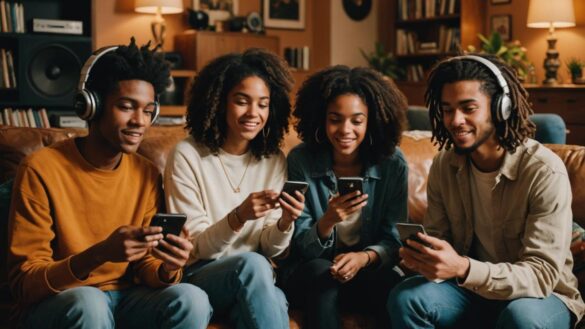 A photorealistic editorial image of a diverse group of young music fans in their early 20s, gathered in a cozy living room filled with retro and modern decor. They’re listening to vinyl records and streaming new indie-pop songs on a sleek speaker system. One person holds up a playlist on their phone, while others debate excitedly. Warm lighting, stylish outfits with nods to Y2K and current streetwear trends, main subjects well-centered and in sharp focus, clean background with visible album covers and music magazines.