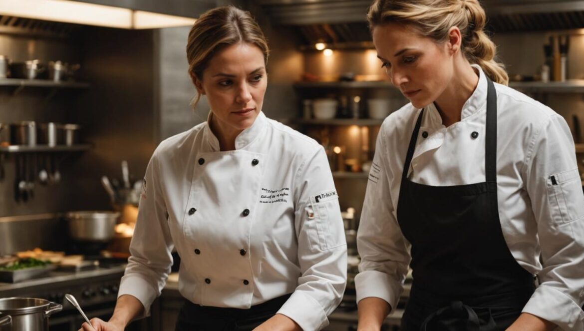 ‘Tastefully Yours’: el K-drama que cocina con creatividad y negocio a fuego lento A passionate female chef and a sharp-dressed businessman in an intimate, modern restaurant kitchen, facing each other across a prep table; both intensely focused yet showing mutual respect. Photorealistic editorial style, warm lighting accentuating fresh local ingredients and handwritten menus. Center-focused composition with visible tension and collaboration, professional kitchen details in the background, main subjects well-centered and in sharp focus.