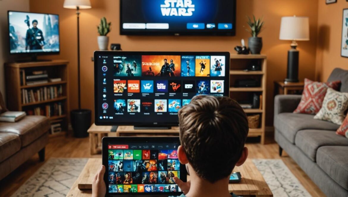 Disney+ y ViX: ¿La unión de streaming que cambiará México? A young tech-savvy person in a modern Mexican living room, using a tablet and a smart TV showing both Disney+ and ViX logos side by side, photorealistic editorial style, warm natural lighting, subtle pop culture decor like Star Wars memorabilia and classic Mexican film posters, main subject centered and focused, vibrant but cozy atmosphere.