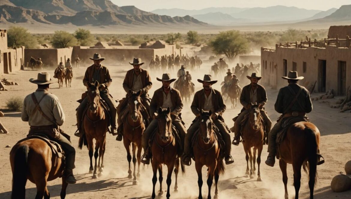La escena que reinventó el western: así empieza la leyenda de Sete hombres y un destino A tense scene from a classic western film: seven rugged men on horseback stand at the edge of a dusty Mexican village, villagers in traditional clothing watching anxiously, photorealistic editorial style, dramatic golden hour lighting casting long shadows, main group of men centered and in sharp focus, vintage film grain effect, arid landscape in the background.