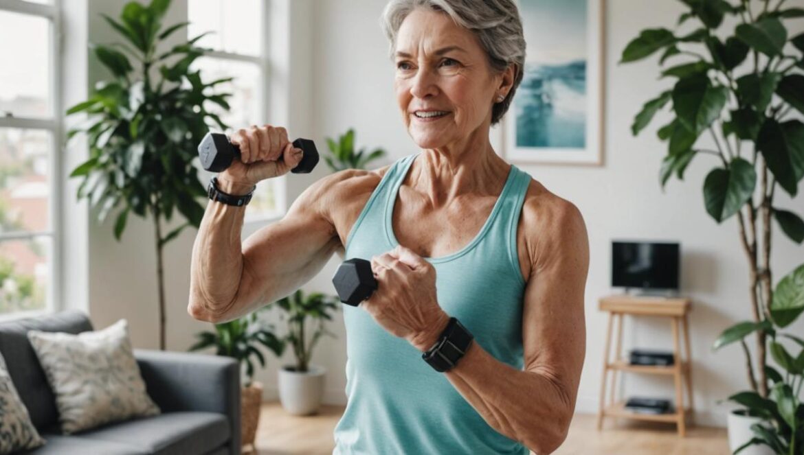 Ejercicio de fuerza después de los 50: lo que nadie te cuenta (y cómo tu Apple Watch puede ser tu mejor aliado) A woman in her early 60s, confidently performing a strength training exercise with dumbbells in a bright, modern living room filled with plants and natural light, an Apple Watch visible on her wrist tracking the session, photorealistic editorial style, positive and empowered mood, clear focus on both the person and her smartwatch, uncluttered background.