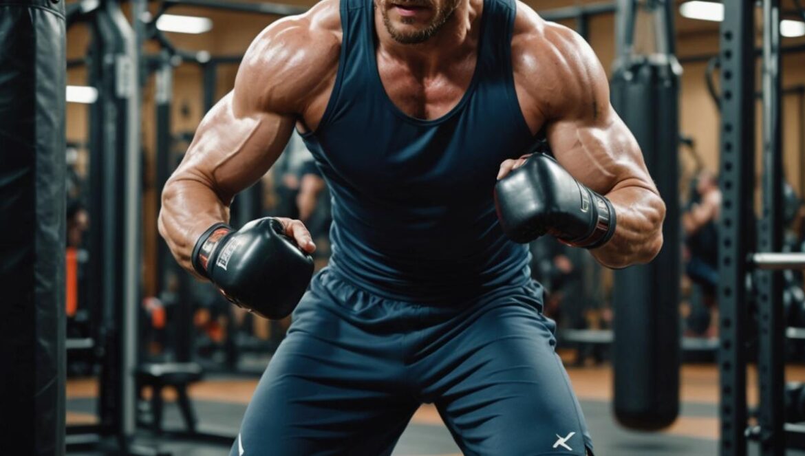 La transformación real de Tom Hardy en Warrior: 13 kilos de músculo y mucho más Tom Hardy intensely training in a modern gym, sweat glistening on his muscular body as he punches a heavy bag, photorealistic editorial style, dynamic lighting highlighting muscle definition, gritty and focused atmosphere, well-centered with gym equipment in the background.