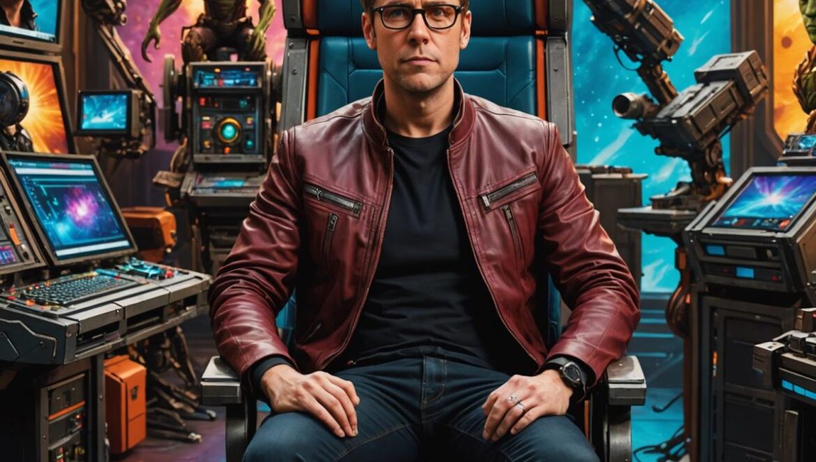 El “no” de James Gunn a Thor que cambió el rumbo de Marvel (y marcó su legado) James Gunn, center-focused, seated in a director's chair on a vibrant film set reminiscent of Guardians of the Galaxy, editorial photorealistic style, surrounded by colorful sci-fi props and lighting, storyboard sketches visible, mood is confident and creative, sharp focus on Gunn with playful yet determined expression, clean background hinting at space and comic book elements.