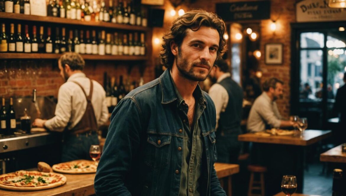 A charismatic French musician standing in a lively wine bar-pizzeria, surrounded by wood-fired pizzas and bottles of wine, photorealistic editorial style, evening warm lighting, casual guests enjoying live music, plants and rustic decor, the main subject well-centered and in sharp focus, background subtly hinting at renovation activity.