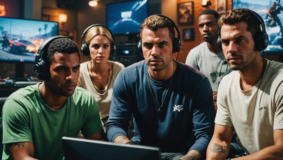 ¿Por qué GTA V seguirá arrasando en Twitch tras la llegada de GTA VI? A group of diverse, excited gamers gathered around high-end PCs, streaming and roleplaying in GTA V, photorealistic editorial style, vibrant mood with dynamic lighting, gaming peripherals and iconic GTA visuals on the monitors, main group centered and in sharp focus with a clean but lively background reminiscent of a modern streaming setup.