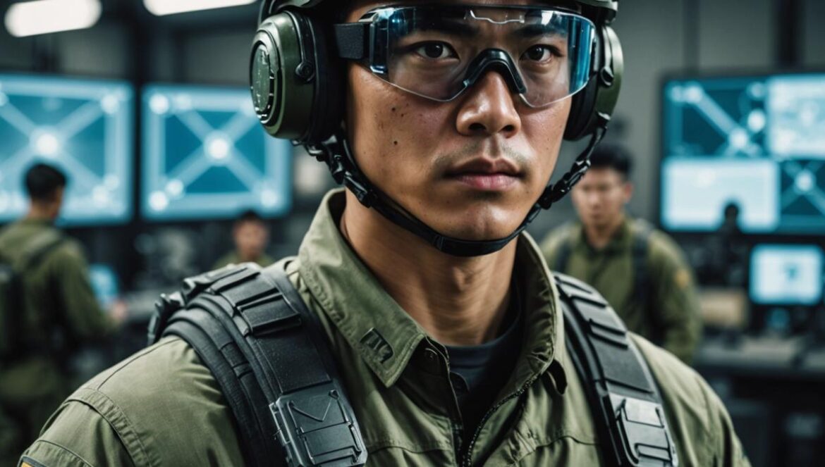 A Chinese soldier wearing advanced augmented reality goggles, in a high-tech military training facility, photorealistic editorial style, focused and determined expression, digital HUD elements projected in front of his eyes, tactical gear with visible electronics, well-lit and modern environment, main subject centered and in sharp focus, clean background with subtle hints of monitors and digital maps.