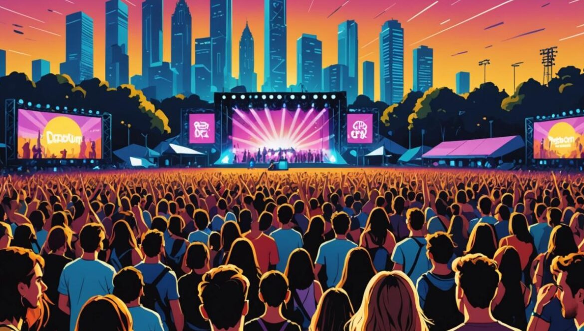 Primavera Sound 2025: cómo vivir el festival más diverso… sin salir de casa A vibrant music festival scene at Parc del Fòrum in Barcelona, photorealistic editorial style, a diverse crowd of fans watching a brightly lit stage with performers like Charli XCX and Sabrina Carpenter clearly visible, festival wristbands, glowing lights and urban skyline in the background, lively evening atmosphere, main subjects centered and in sharp focus.