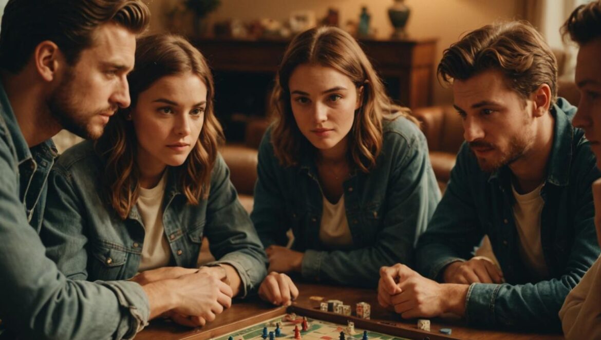 A group of friends playing a vintage board game in a cozy living room, photorealistic editorial style, intense expressions as dice roll at the center, warm indoor lighting, classic board game box and pieces clearly visible, main subjects centered and sharply in focus, nostalgic retro decor in the background.
