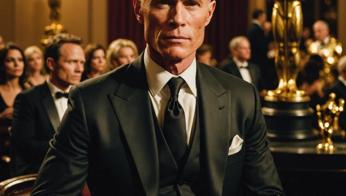 Ed Harris: cuatro nominaciones, cero Oscars y un legado que Hollywood aún no sabe reconocer Ed Harris in an elegant suit, sitting pensively backstage at a glamorous awards show, editorial photorealistic style, dramatic warm lighting with golden hues reflecting off an Oscar statue slightly out of focus in the background, his expression thoughtful and dignified, main subject centered and sharply focused.