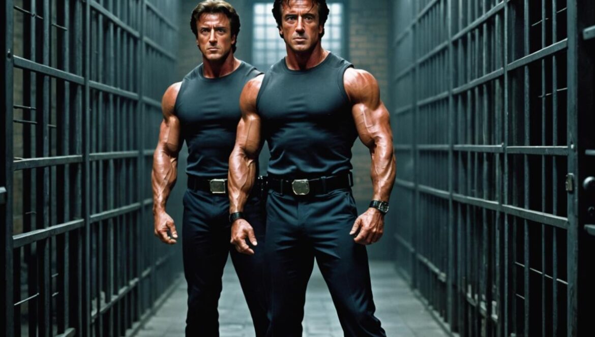 Maratón de acción en TV: ¿Por qué Stallone y Schwarzenegger siguen arrasando? Sylvester Stallone and Arnold Schwarzenegger, dressed in iconic action-hero outfits, standing back-to-back in a dramatic prison setting with metallic bars and cinematic lighting, photorealistic editorial style, intense expressions, moody atmosphere, center-focused composition, sharp detail on both actors with the background slightly blurred.