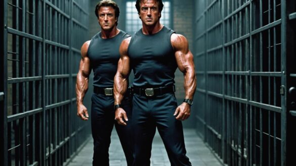 Sylvester Stallone and Arnold Schwarzenegger, dressed in iconic action-hero outfits, standing back-to-back in a dramatic prison setting with metallic bars and cinematic lighting, photorealistic editorial style, intense expressions, moody atmosphere, center-focused composition, sharp detail on both actors with the background slightly blurred.