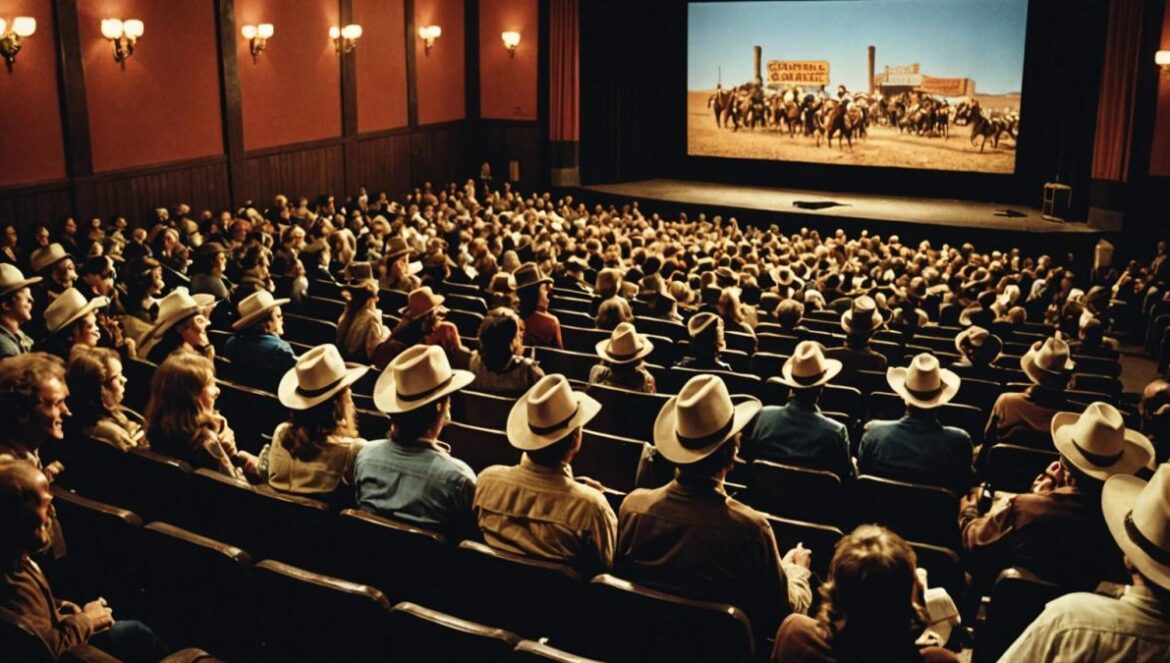 La comedia que desmontó el western (y arrasó en taquilla): 51 años de irreverencia total A packed vintage cinema in the 1970s, viewers laughing and watching 'Blazing Saddles' (Sillas de montar calientes) on a large screen, photorealistic editorial style, warm nostalgic lighting, detailed audience reactions with cowboy hats and popcorn, main subject (the film scene on screen) clearly centered and in sharp focus, clean auditorium background.