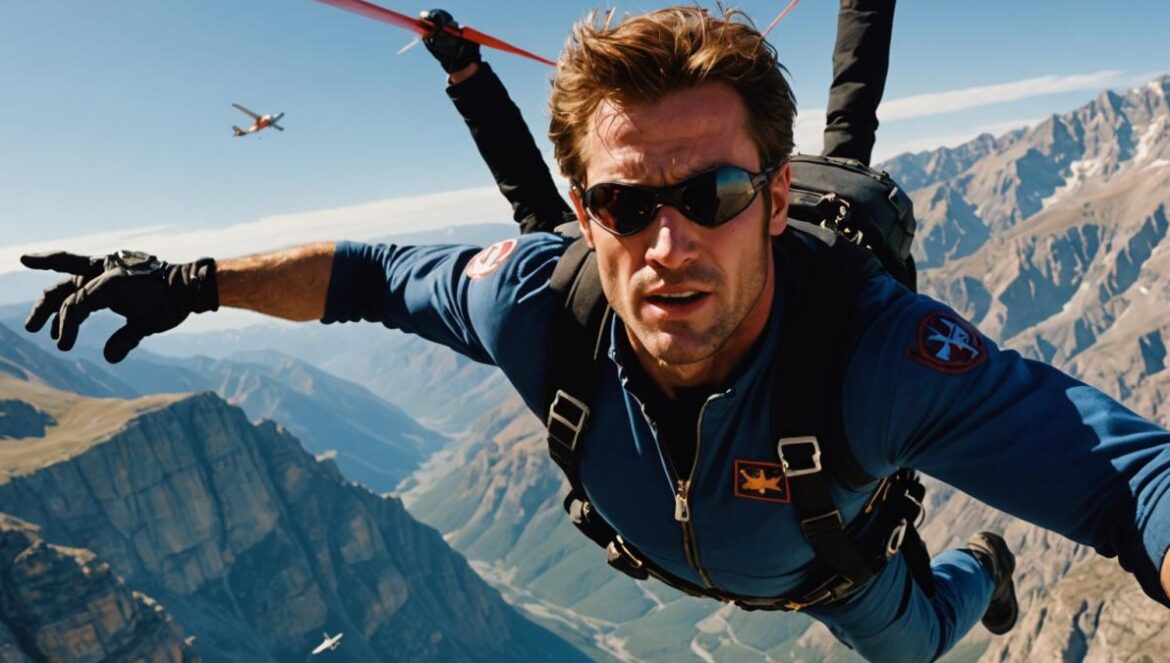 A dramatic, photorealistic editorial-style image of a daredevil stuntman mid-air between two planes flying above rugged mountains, clear blue sky, intense sunlight, close-up focus on the action with both airplanes and the stuntman centered, detailed faces showing tension, windblown hair and gear, sharp focus, cinematic atmosphere.