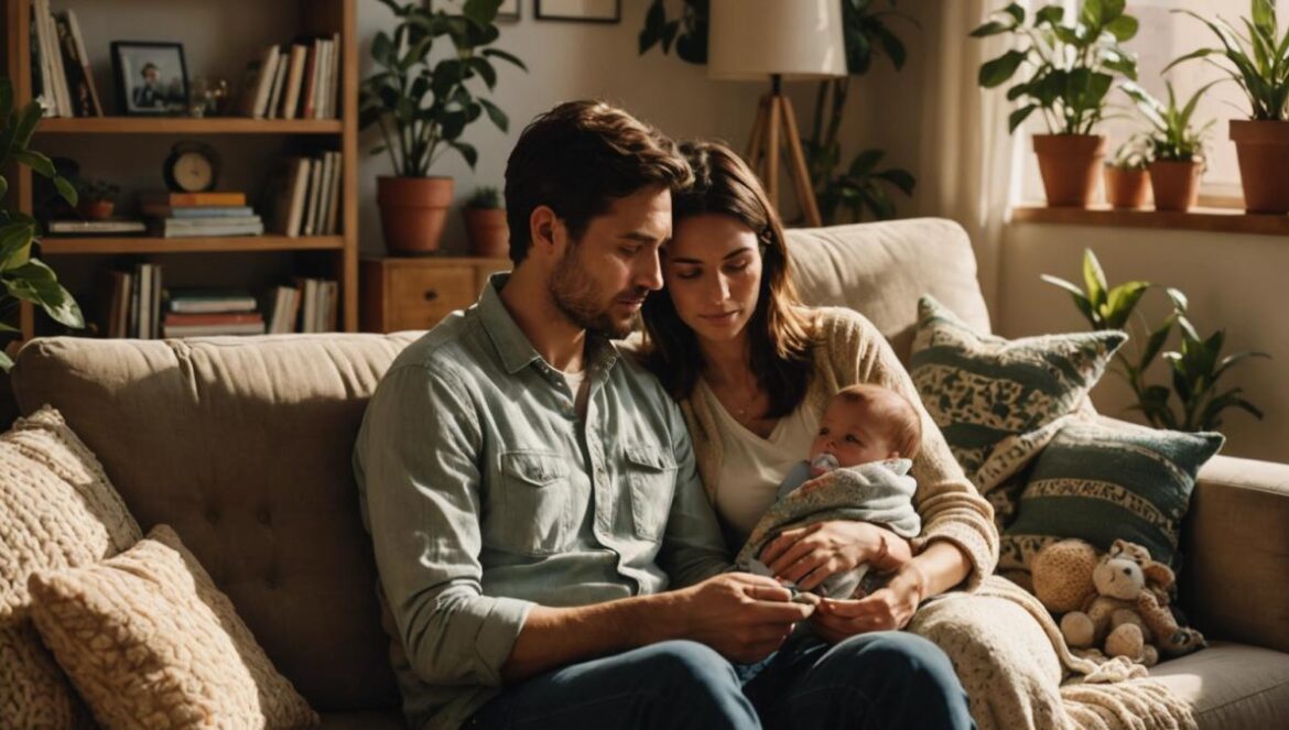 Lo que nadie te cuenta: cómo la llegada de un hijo puede sacudir (y transformar) tu relación de pareja A young couple in their thirties sitting on a cozy sofa in a sunlit, plant-filled Buenos Aires apartment, both looking thoughtful yet united, a baby toy and baby blanket visible between them. Photorealistic editorial style, warm natural lighting, main subjects centered and in sharp focus. The atmosphere is intimate but hopeful, with personal items like books and candles hinting at their lifestyle.