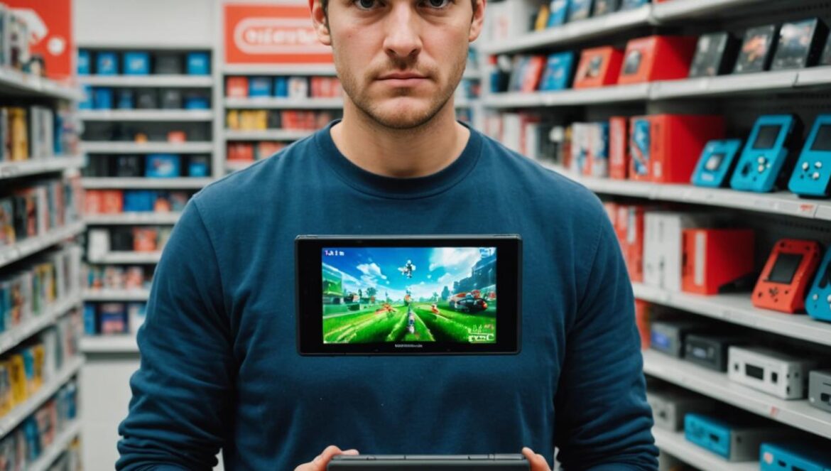 Nintendo Switch 2: ¿Por qué tantos estrenan consola con la pantalla perforada? A frustrated gamer holding a brand-new Nintendo Switch 2 with visible staple holes on the screen, in a bright electronics store environment. Editorial photorealistic style, main subject centered and in sharp focus, with the damaged console and receipt clearly visible. Background shows shelves with other gaming products, well-lit and modern, conveying both surprise and disappointment.