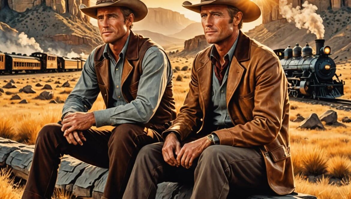 Two charismatic cowboys, inspired by Paul Newman and Robert Redford, sitting side by side on a rocky outcrop at sunset, dressed in vintage western attire with hats tilted back, surrounded by golden prairie grass. Photorealistic editorial style, warm nostalgic lighting highlighting their faces and camaraderie, a hint of steam train tracks in the background, main subjects well-centered and sharply in focus for a professional magazine look.