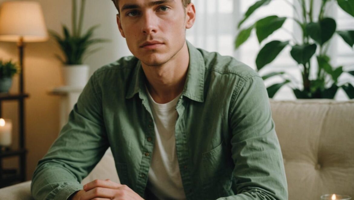 Mariés au premier regard: cuando el amor propio pesa más que el “sí, quiero” A photorealistic editorial-style image of a contemplative young man sitting in a bright, modern living room, holding a wedding ring and looking thoughtful, with a green plant and soft candlelight in the background. The mood is reflective yet hopeful, with clear focus on the man's face and hands, center composition, clean and uncluttered background.