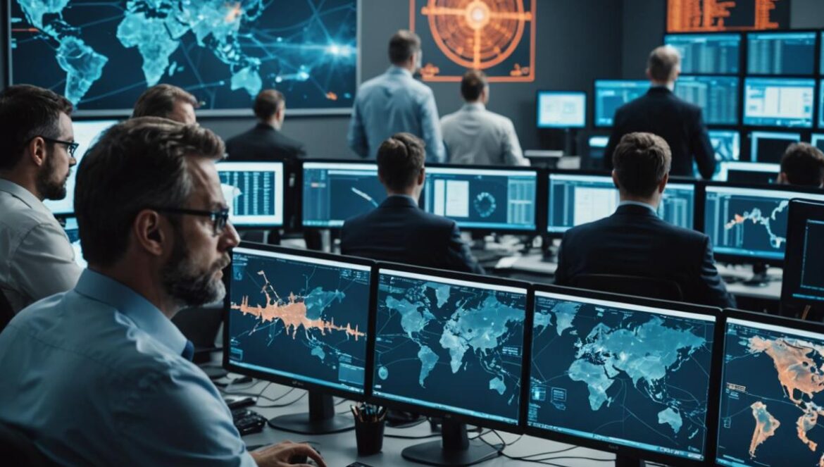 El gran apagón digital en Melilla: el ciberataque ruso que dejó una ciudad sin servicios A group of IT security experts in a modern office in Spain, intensely analyzing computer screens showing a city network under cyberattack, photorealistic editorial style, dramatic lighting with blue and orange tones reflecting urgency, high-tech equipment and city maps visible on desks, main team leader centered and sharply in focus, background with blurred government symbols and technical diagrams.