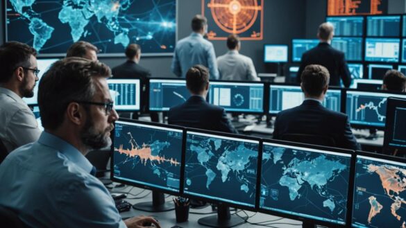 El gran apagón digital en Melilla: el ciberataque ruso que dejó una ciudad sin servicios A group of IT security experts in a modern office in Spain, intensely analyzing computer screens showing a city network under cyberattack, photorealistic editorial style, dramatic lighting with blue and orange tones reflecting urgency, high-tech equipment and city maps visible on desks, main team leader centered and sharply in focus, background with blurred government symbols and technical diagrams.