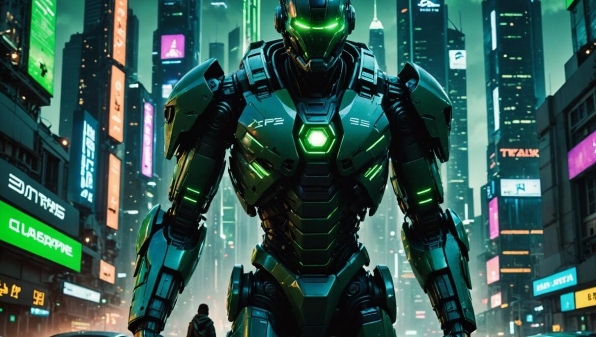 Alien: Earth estrena tráiler y promete revolucionar la ciencia ficción A photorealistic editorial image of a futuristic cityscape at night, with neon-lit skyscrapers and five distinct corporate logos glowing on buildings. In the foreground, a humanoid hybrid (part human, part machine) stands facing a crashed spaceship emitting ominous green light. The central focus is on the hybrid's tense posture and reflective face, hinting at both awe and fear. Subtle silhouettes of xenomorphs and predatory creatures loom in the shadows. Modern cinematic lighting, sharp focus on the hybrid, vibrant yet moody atmosphere.