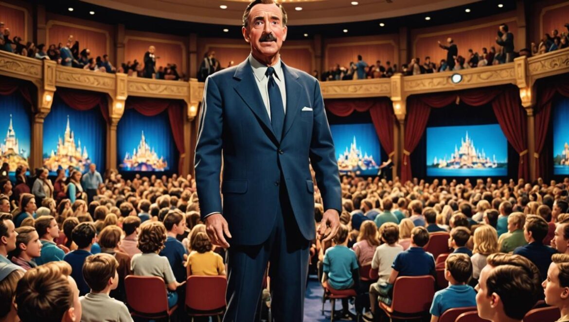 ¿Un robot para revivir a Walt Disney? La familia se divide A lifelike animatronic figure of Walt Disney, center stage in a modern theater setting at Disneyland, photorealistic editorial style, soft but focused lighting highlighting both the figure and an audience of mixed ages reacting with curiosity and emotion, detailed props like vintage animation reels and sketches scattered around, main subject (the animatronic Walt) clearly centered and in sharp focus, background shows a stylized office with nostalgic decor.