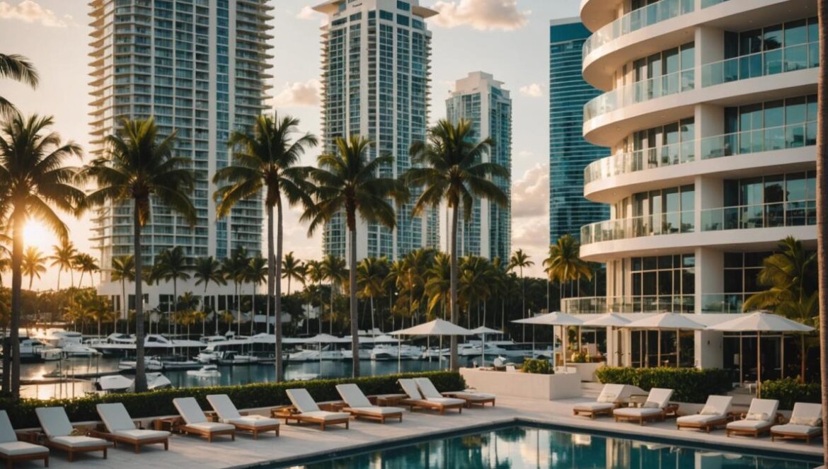 ¿Por qué los millonarios se mudan en silencio a Florida? No es solo por los impuestos A luxury residential skyscraper in downtown Fort Lauderdale, photorealistic editorial style, golden hour lighting, palm trees and yachts in the foreground, modern architecture with large glass windows, well-dressed people relaxing on terraces and by the pool, vibrant yet serene mood, main building centered and sharply in focus, subtle cityscape background.