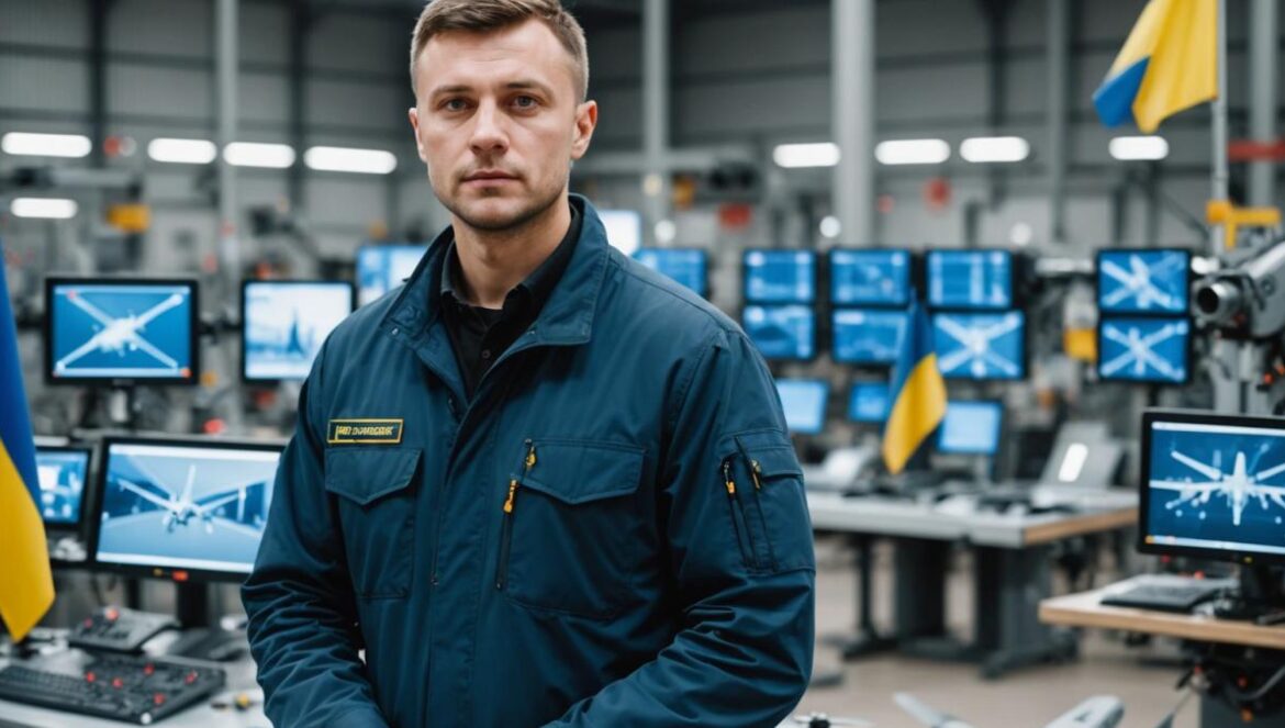 Industria de defensa ucraniana: ¿El “modelo danés” es el as bajo la manga de Europa? A Ukrainian engineer in a modern factory, inspecting an advanced military drone assembly line, photorealistic editorial style, bright industrial lighting, focused and determined expression, blueprints and digital screens in the background with flags of Ukraine and Denmark visible, main subject well-centered and sharply in focus for a dynamic, professional look.