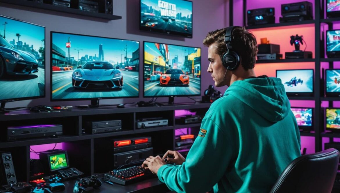 Car Wash criminal en GTA Online: el nuevo negocio que mezcla espuma y lavado de dinero A young gamer in a modern apartment, surrounded by retro and current gaming consoles, intently playing GTA Online on a large TV. Photorealistic editorial style, dynamic lighting with neon hues from gaming devices, visible screen showing the Hands On Car Wash business in-game. The main subject is centered and sharply focused, background filled with shelves of game collectibles and posters.