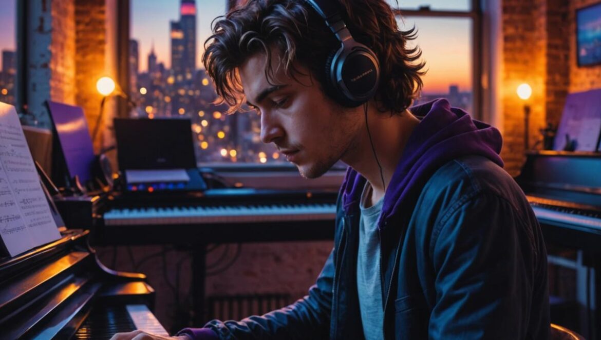 A young musician with tousled hair, sitting at a piano in a bright loft studio, surrounded by vibrant blue, purple, and orange lights, photorealistic editorial style. He is writing lyrics in a notebook, headphones around his neck, with windows showing a dreamy city skyline at sunset. The main subject is well-centered and sharply focused; the mood is creative and authentic.