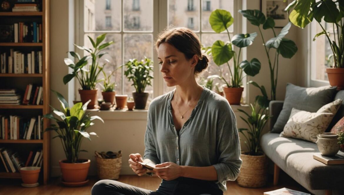 ¿Dolor que nadie ve? Qué es la algodistrofia y cómo vivir con ella A photorealistic editorial image of a thoughtful woman in her early 30s, seated in a cozy, plant-filled apartment in Buenos Aires, with books and yoga props nearby. She gently massages her ankle, showing subtle discomfort but also determination. Warm natural light streams through the window, creating a calm, introspective mood. Main subject well-centered and sharply focused, background neat and inviting.
