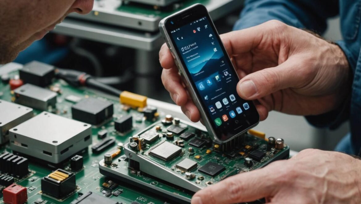 Liberty Phone y el espejismo del “Made in USA”: ¿revolución tecnológica real o truco de marketing disfrazado de independencia digital? A close-up of the Purism Liberty Phone being assembled by an engineer in a high-tech US factory, photorealistic editorial style, focused lighting on hands handling circuit boards and tools, American flag subtly in the background, main subject centered and sharp, clean modern workspace.