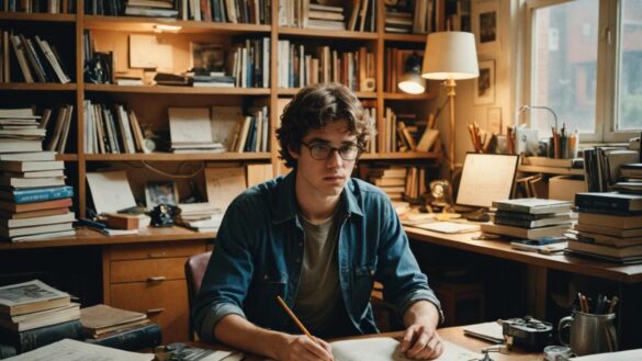 El día que un estudiante de Princeton diseñó una bomba atómica y el FBI perdió la calma A young university student sitting in a cluttered 1970s dorm room, surrounded by stacks of physics books and technical manuals, intensely focused on drafting blueprints at a messy desk, photorealistic editorial style, warm indoor lighting with a vintage vibe, the main subject sharply centered with visible notes and old magazines scattered around, evoking both curiosity and tension.